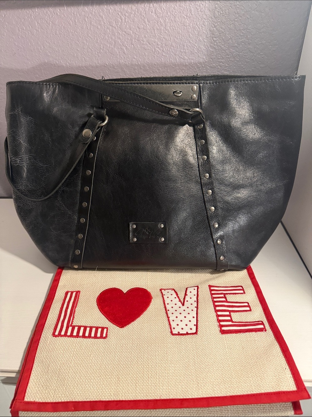 Patricia Nash Black Leather Studded Tote